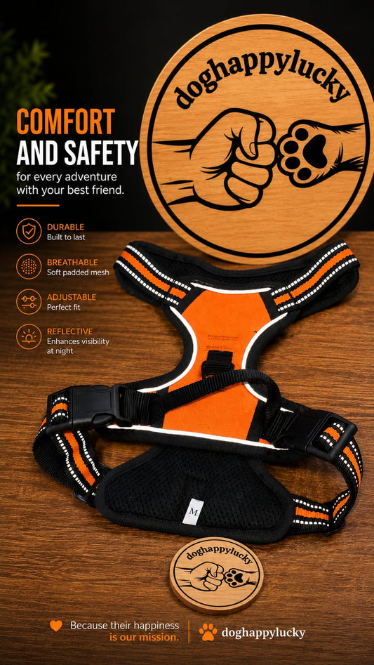 An orange and black dog harness with white reflective stripes, displayed on a dark wood background with promotional text and the Dog Happy Lucky brand logo.