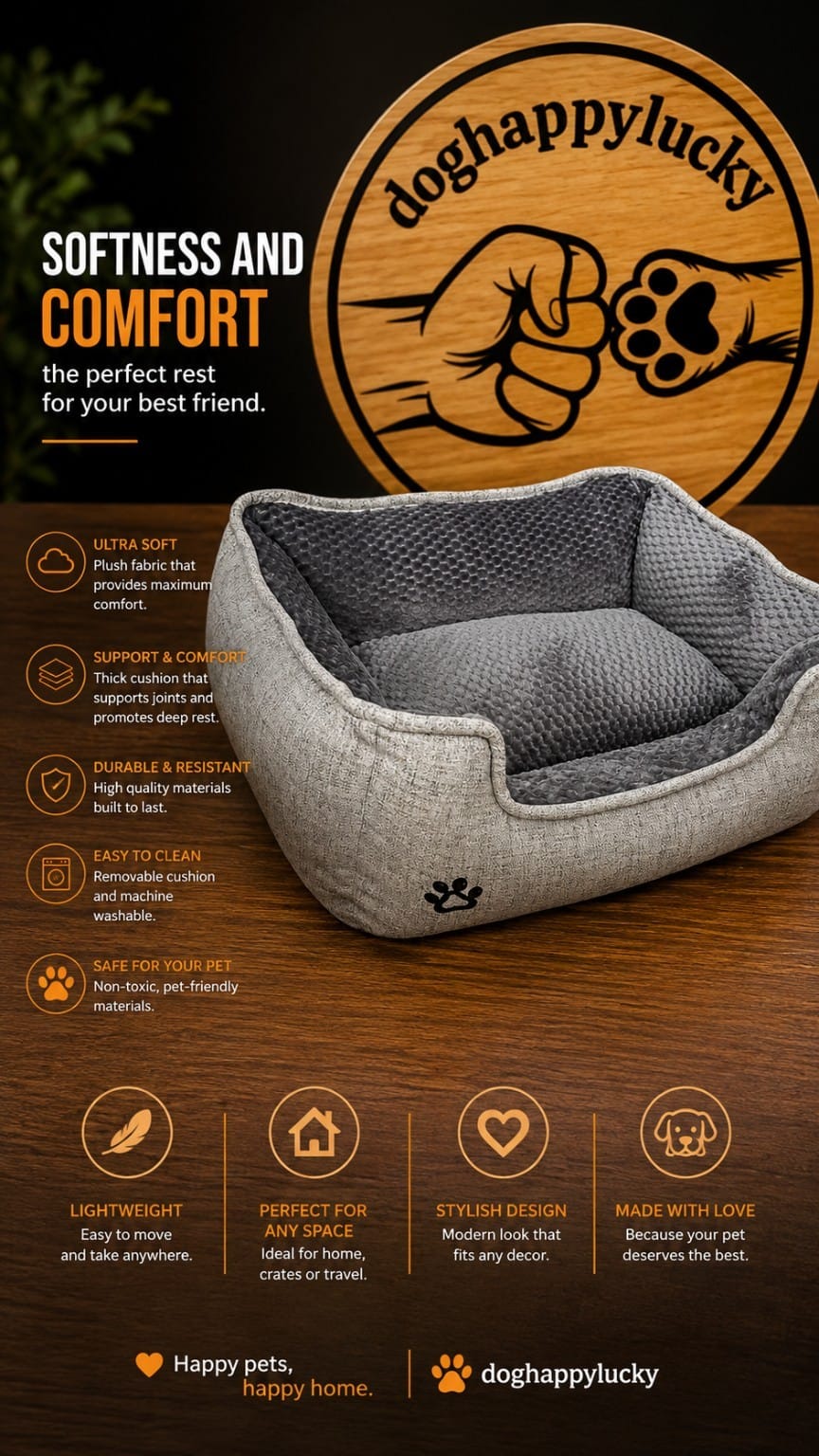 A plush pet bed with a gray textured interior and a light beige woven fabric exterior, shown on a dark wood background with promotional text and the doghappylucky brand logo.