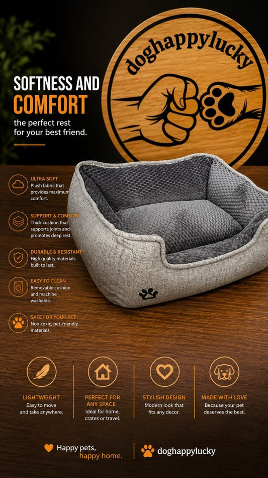 A plush pet bed with a gray textured interior and a light beige woven fabric exterior, shown on a dark wood background with promotional text and the doghappylucky brand logo.